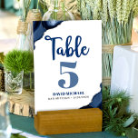 Bar Mitzvah Bold Modern Navy Blue Agate Script Table Number<br><div class="desc">No Bar Mitzvah party is complete without personalised table number cards. Let your son be proud, rejoice and celebrate his milestone at his perfectly coordinated party. Navy blue calligraphy script, bold blue and soft grey typography, and steel blue agate rocks accented with faux silver veins overlay a simple, white background....</div>