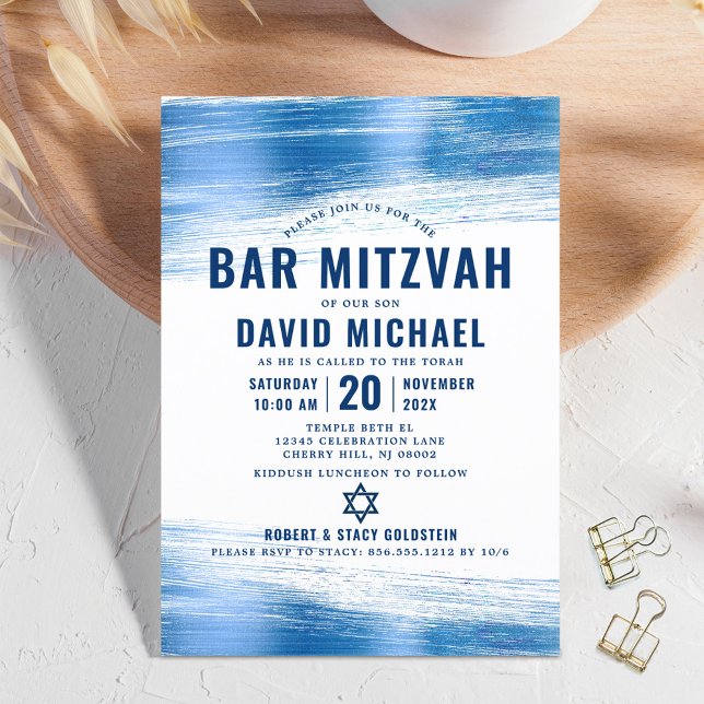 Bar Mitzvah Bold Modern Navy Typography Blue Foil  Invitation (Creator Uploaded)
