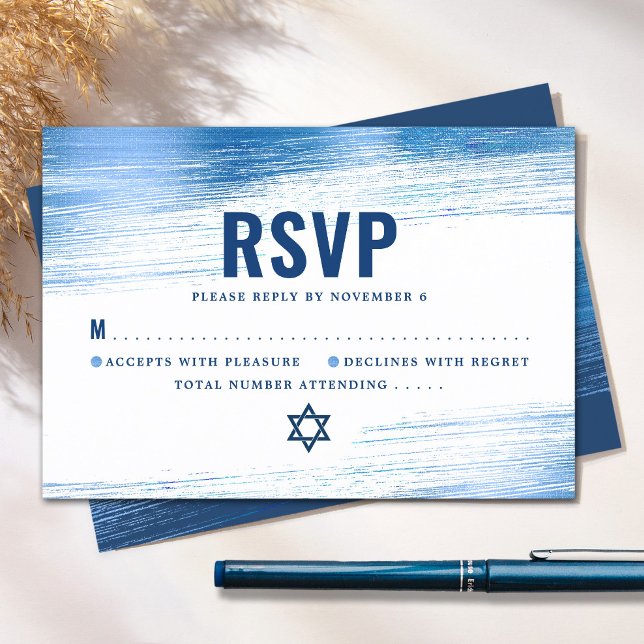 Bar Mitzvah Bold Modern Navy Typography Blue Foil  RSVP Card (Creator Uploaded)