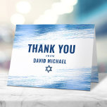 Bar Mitzvah Bold Modern Navy Typography Blue Foil  Thank You Card<br><div class="desc">Make sure your favourite Bar Mitzvah shows his appreciation to all who supported his milestone event! Send out this cool, unique, modern, personalised thank you card. Metallic light blue foil brush strokes, along with bold, navy blue typography and Star of David, overlay a simple, white background. Your custom message, a...</div>