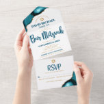 Bar Mitzvah Bold Modern Turquoise Agate Script All In One Invitation<br><div class="desc">Be proud, rejoice and showcase this milestone of your favourite Bar Mitzvah! Send out this cool, unique, modern, custom all-in-one invitation for an event to remember. Dark teal blue script typography and faux gold Star of David overlay simple, clean white background with turquoise blue agate accented with faux gold veins....</div>
