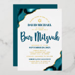 Bar Mitzvah Bold Turquoise Agate Script Real Gold<br><div class="desc">Be proud, rejoice and showcase this milestone of your favourite Bar Mitzvah! Send out this cool, unique, modern, personalised real gold foil invitation for an event to remember. Dark teal blue script typography, real gold foil sans serif typography, and a real foil gold Star of David overlay a simple, clean...</div>