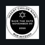 Bar mitzvah boys save the date star david self-inking stamp<br><div class="desc">A round stamp with an outer ring comprising of small circles and an inner solid black circle frame templates in bold white and black which allow you to insert the occasion, your sons name, the date of his bar mitzvah and the fact that guests must please save the date for...</div>