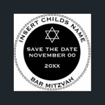Bar mitzvah boys save the date star david self-inking stamp<br><div class="desc">A round stamp with an outer ring comprising of small circles and an inner solid black circle frame templates in bold white and black which allow you to insert the occasion, your sons name, the date of his bar mitzvah and the fact that guests must please save the date for...</div>