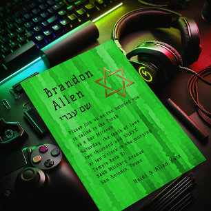 Bar Mitzvah Bright Green Techno Streaks Invitation