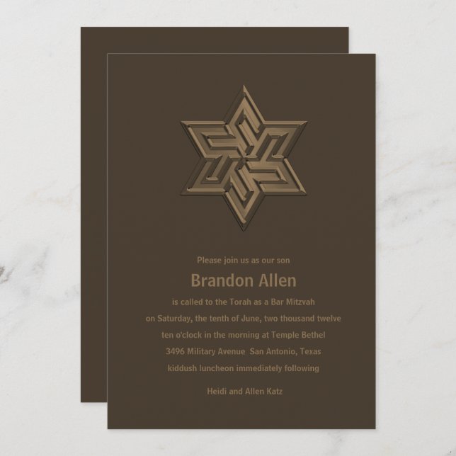 Bar Mitzvah Brown Tones Star of David Invitation (Front/Back)