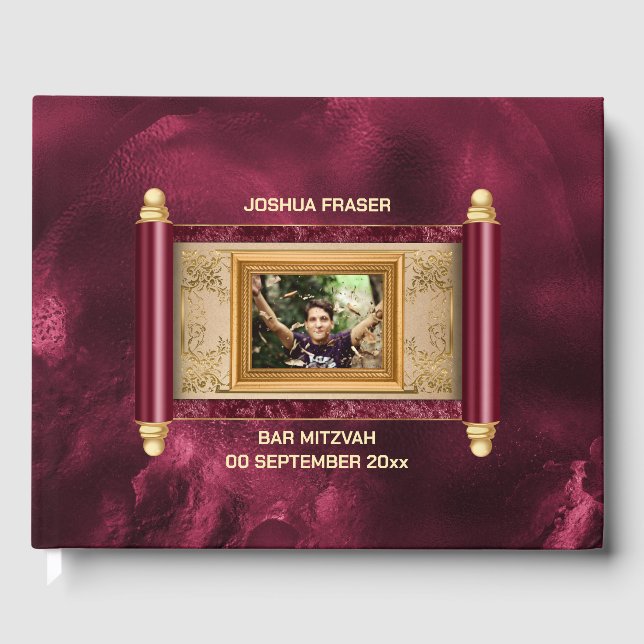 Bar mitzvah burgundy marble gold scroll photo chic guest book (Front)