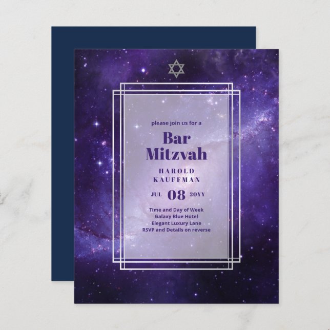 BAR MITZVAH CARDS Celestial Skies Blue Galaxy Gold (Front/Back)