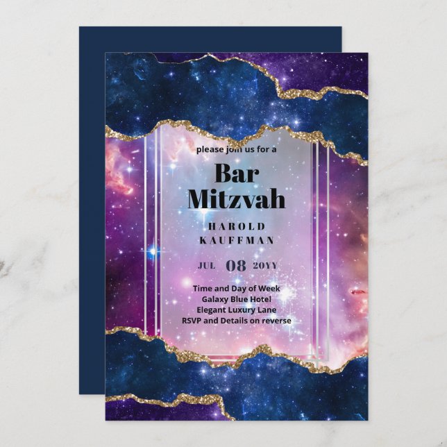 BAR MITZVAH CARDS Celestial Skies Blue Galaxy Gold (Front/Back)