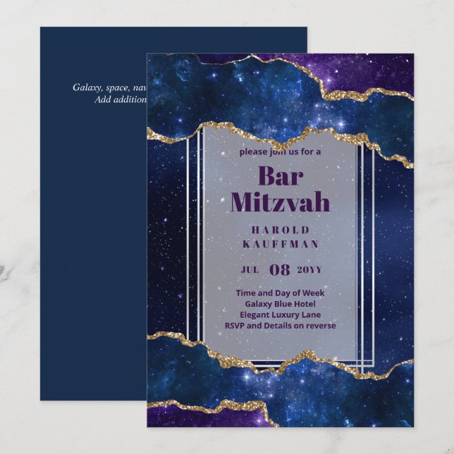 BAR MITZVAH CARDS Celestial Skies Blue Galaxy Gold (Front/Back)
