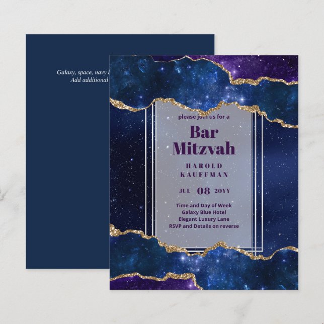 BAR MITZVAH CARDS Celestial Skies Blue Galaxy Gold (Front/Back)