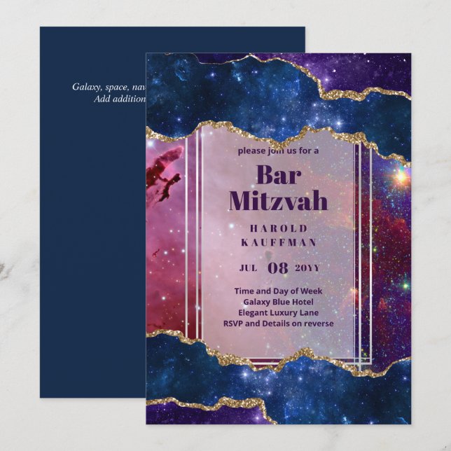 BAR MITZVAH CARDS Celestial Skies Blue Galaxy Gold (Front/Back)