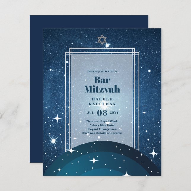 BAR MITZVAH CARDS Celestial Skies Blue Galaxy Gold (Front/Back)