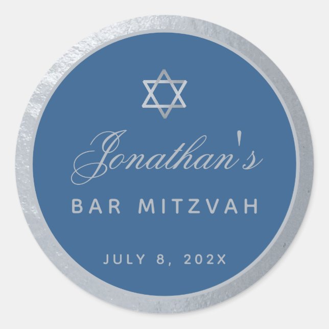 Bar Mitzvah Classic Blue Faux Silver Grey Script Round Sticker (Front)