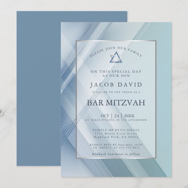 Bar Mitzvah Classic Shades of Blue Geometric Lines Invitation (Front/Back)