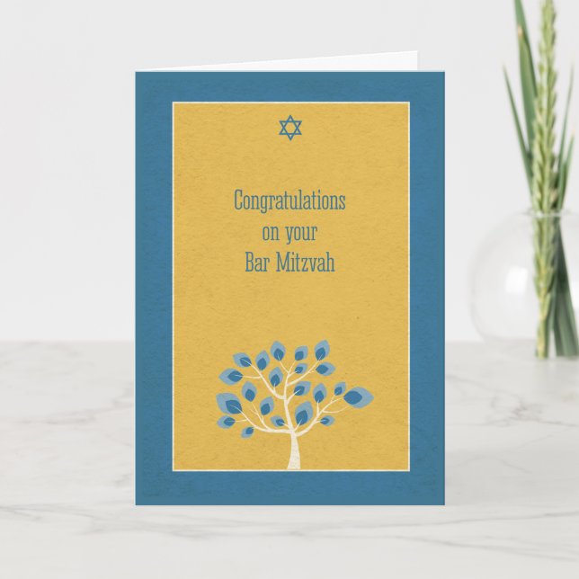 Bar Mitzvah Congratulations, Blue Tree, Gold Card (Front)