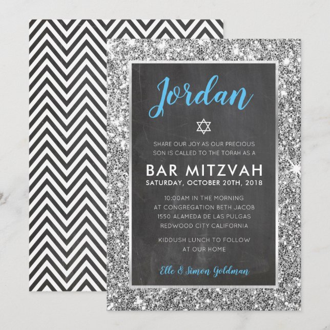 BAR MITZVAH cool chalkboard silver glitter invite (Front/Back)