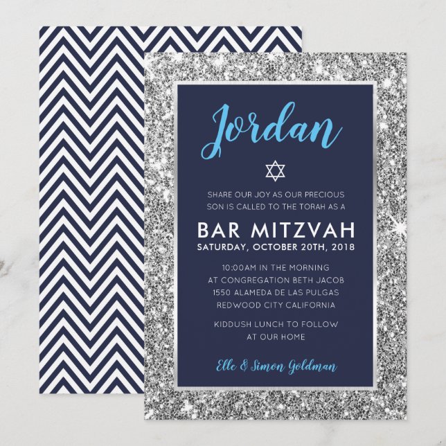 BAR MITZVAH cool tween navy blue silver invite (Front/Back)