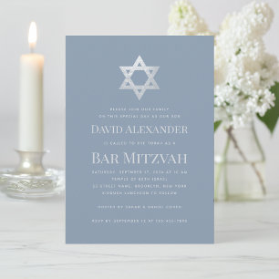 Bar Mitzvah Dusty Blue Faux Silver Star of David Invitation