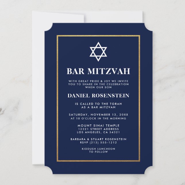 Bar Mitzvah Elegant Blue and Gold Invitation (Front)