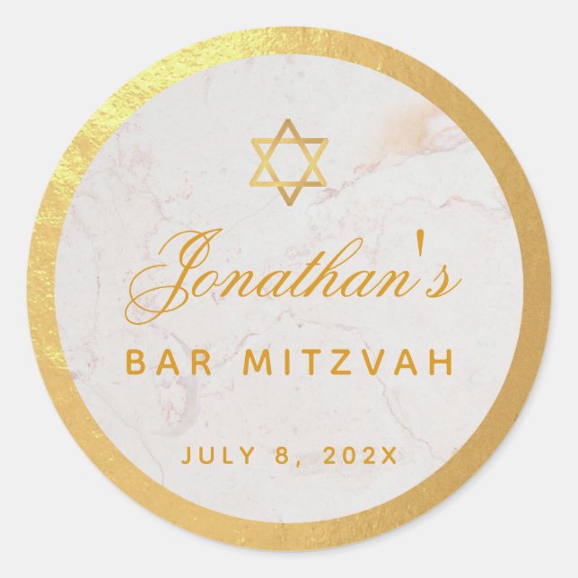 Bar Mitzvah Elegant  Faux Gold Marble Calligraphy Classic Round Sticker (Front)