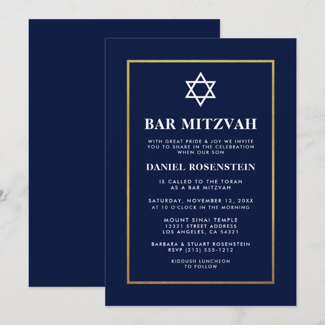 Bar Mitzvah Elegant Invitation Blue Gold (Front/Back)