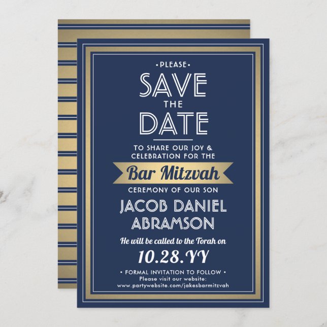 Bar Mitzvah Elegant Navy Blue, White and Gold Save The Date (Front/Back)