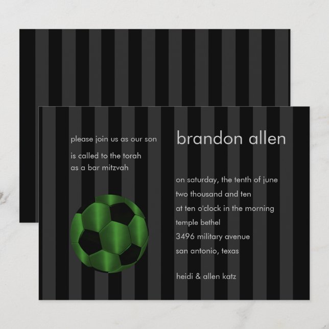 Bar Mitzvah Emerald Green and Black Soccer Ball Invitation (Front/Back)
