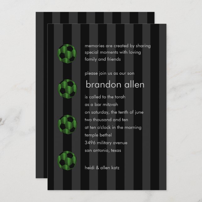 Bar Mitzvah Emerald Green and Black Soccer Ball Invitation (Front/Back)