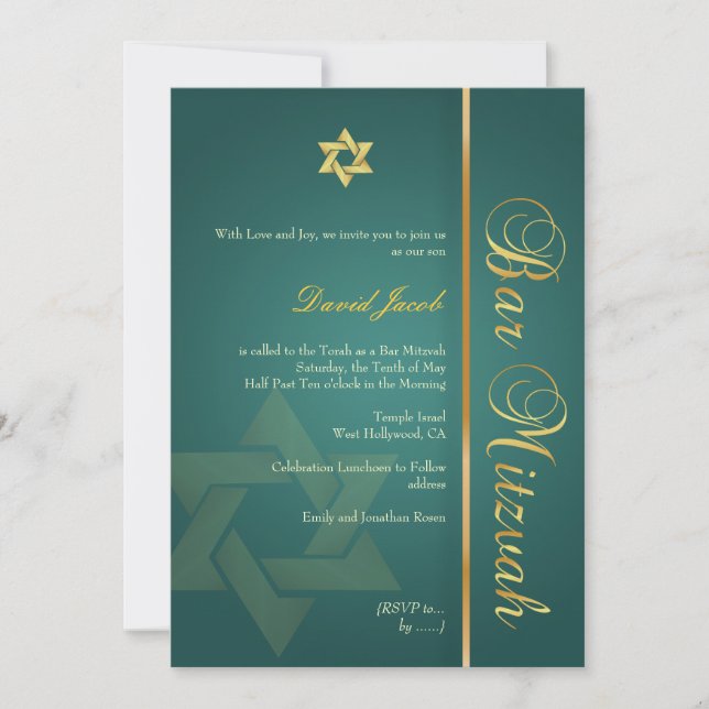 Bar Mitzvah/emerald green/gold Invitation (Front)
