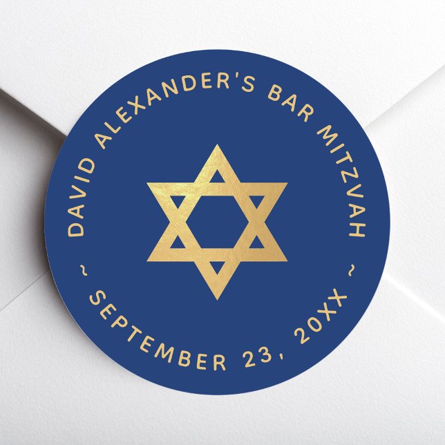 Bar Mitzvah Faux Gold Star of David Royal Blue Classic Round Sticker (Creator Uploaded)