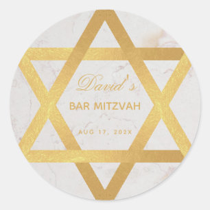 Bar Mitzvah Faux Gold Star of David Script Marble Classic Round Sticker