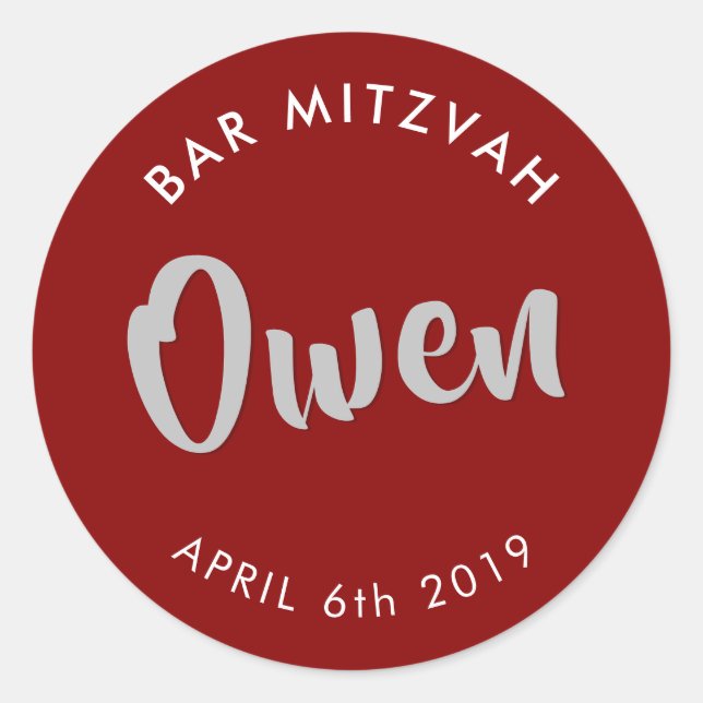 BAR MITZVAH favour modern burgundy red silver Classic Round Sticker (Front)