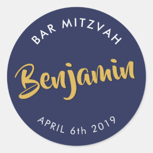 BAR MITZVAH favour modern navy blue faux gold Classic Round Sticker