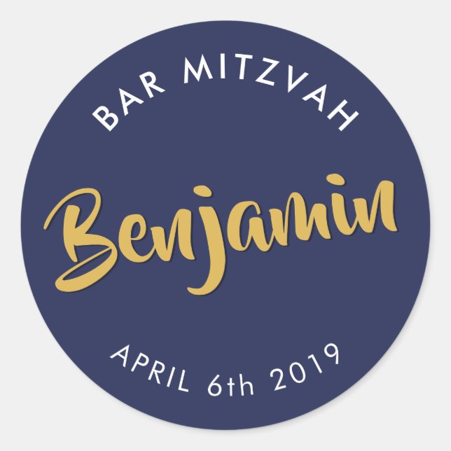 BAR MITZVAH favour modern navy blue faux gold Classic Round Sticker (Front)