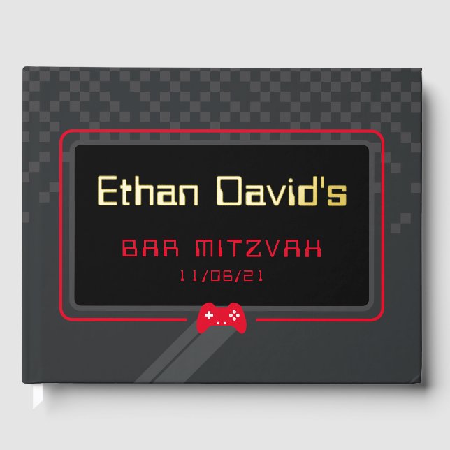 BAR MITZVAH gamer cool trendy red black Guest Book (Front)