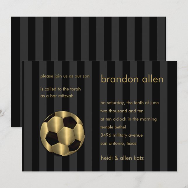 Bar Mitzvah Gold and Black Soccer Ball Invitation (Front/Back)