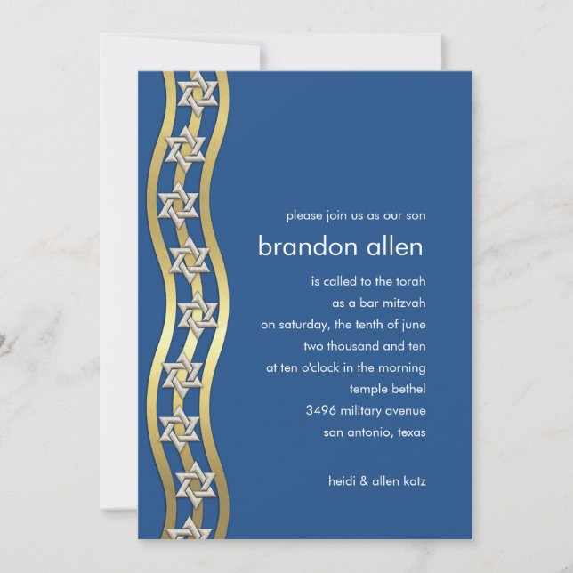 Bar Mitzvah Gold and Silver Wavy Border Any Colour Invitation (Front)