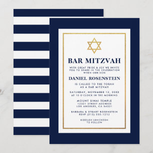 Bar Mitzvah Gold Blue and White Striped Invitation