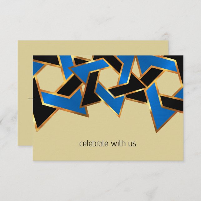 Bar Mitzvah Gold Blue Black Star of David Invitation (Front/Back)