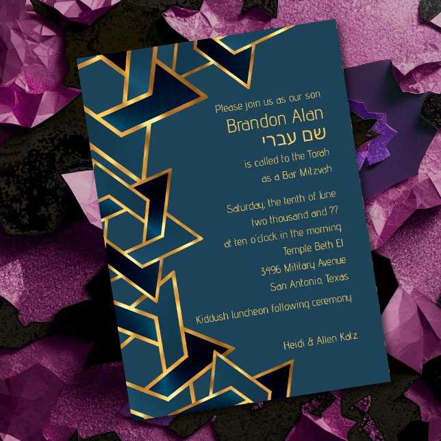 Bar Mitzvah Gold Navy Blue Star of David Invitation (Creator Uploaded)