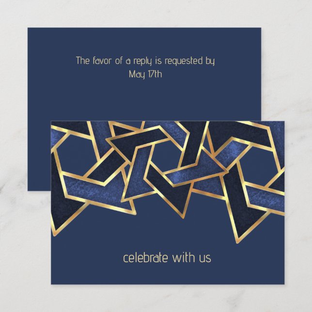Bar Mitzvah Gold Navy Blue Star of David Invitation (Front/Back)