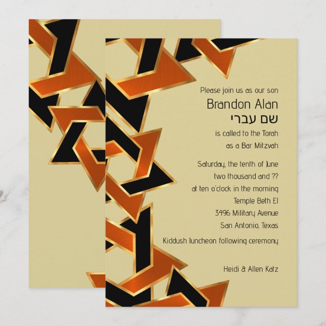 Bar Mitzvah Gold Orange Black Star of David Invitation (Front/Back)