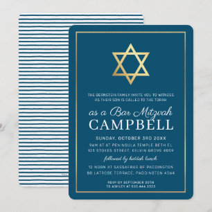 BAR MITZVAH gold star simple modern blue white Invitation