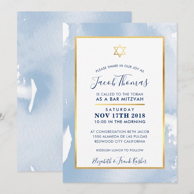 BAR MITZVAH gold star smart blue watercolor invite (Front/Back)