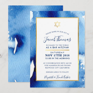 BAR MITZVAH gold star smart blue watercolor invite