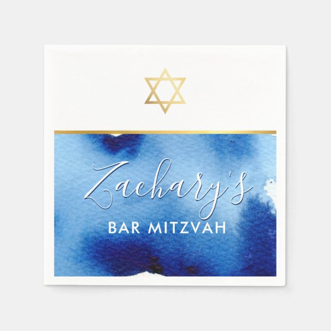 BAR MITZVAH gold star smart blue watercolor Napkin (Front)