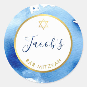 BAR MITZVAH gold star smart dark blue watercolor Classic Round Sticker