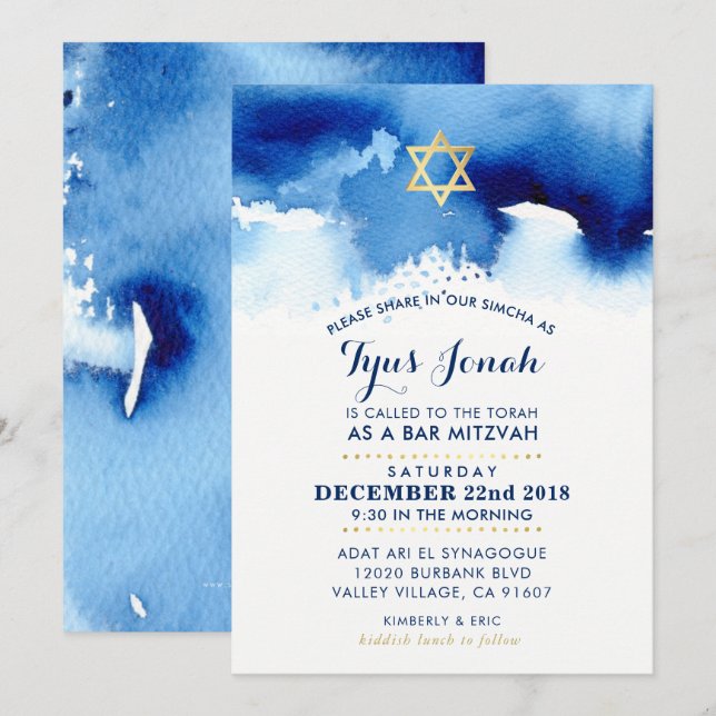BAR MITZVAH gold star stylish blue watercolor TYUS Invitation (Front/Back)