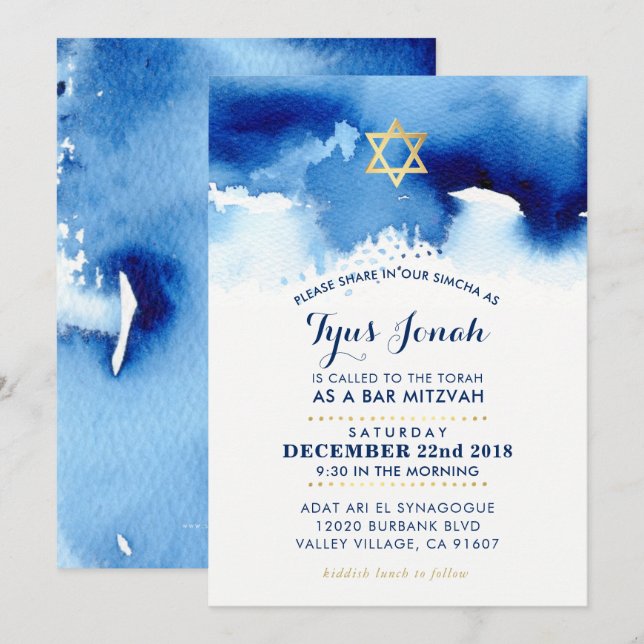 BAR MITZVAH gold star stylish blue watercolor TYUS Invitation (Front/Back)